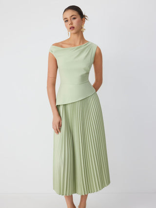 Asymmetrical Neck Pleated Flared Maxi Dress