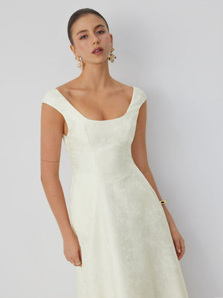 Jacquard Floral Square Neck Textured Flared Midi Dress