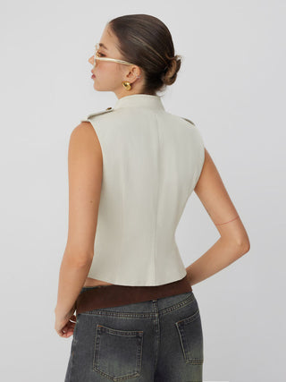 Cotton-blend Asymmetrical Metal Detail Stand Collar Jacket Vest