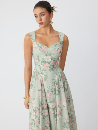 Linen-blend Floral Sweetheart Neckline Flared Midi Dress