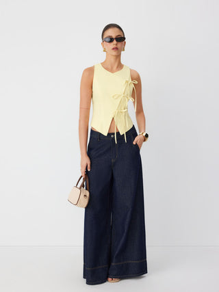 Linen-blend Sweetheart Asymmetrical Bowknot Blazer Vest