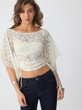 Lace Off-shoulder Bell Sleeve Ruched Ruffled Drawstring Top