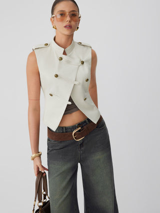 Cotton-blend Asymmetrical Metal Detail Stand Collar Jacket Vest