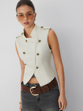 Cotton-blend Asymmetrical Metal Detail Stand Collar Jacket Vest