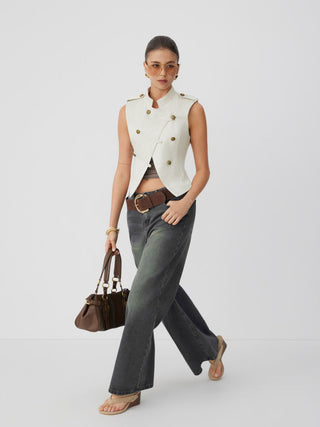 Cotton-blend Asymmetrical Metal Detail Stand Collar Jacket Vest