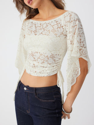 Lace Off-shoulder Bell Sleeve Ruched Ruffled Drawstring Top