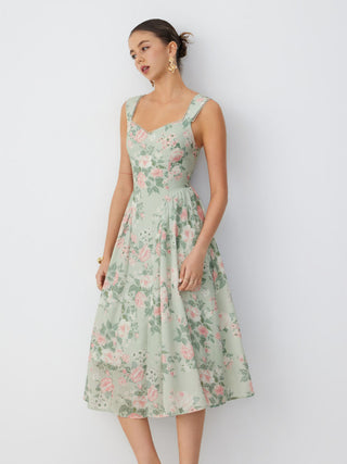 Linen-blend Floral Sweetheart Neckline Flared Midi Dress