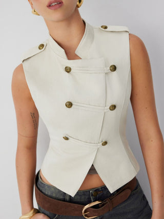 Cotton-blend Asymmetrical Metal Detail Stand Collar Jacket Vest