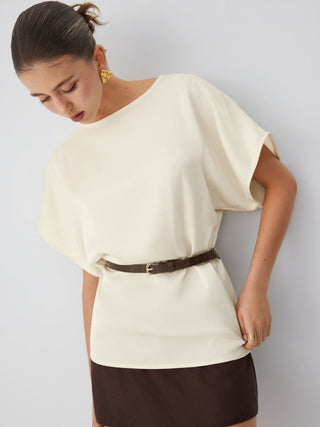 Satin Boat Neck Batwing Sleeve Oversized Blouse With Belt