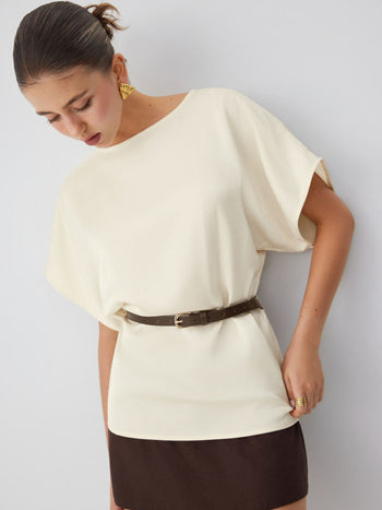 Satin Boat Neck Batwing Sleeve Oversized Blouse With Belt
