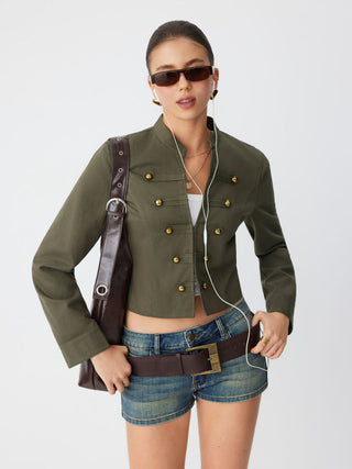 Cotton-blend Stand Collar Metal Detail Jacket