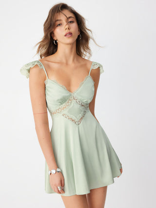 Satin Sweetheart Lace Panel Ruffle High Rise A-line Mini Dress