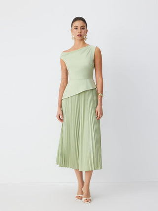 Asymmetrical Neck Pleated Flared Maxi Dress