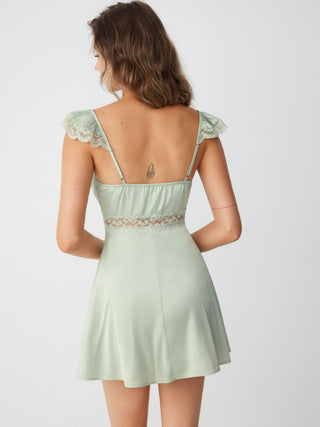 Satin Sweetheart Lace Panel Ruffle High Rise A-line Mini Dress