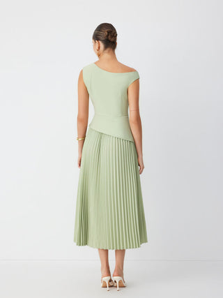 Asymmetrical Neck Pleated Flared Maxi Dress