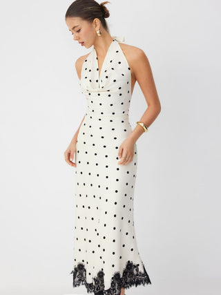 Satin Polka Dot Halter Neckline Backless Lace Trim Mermaid Maxi Dress