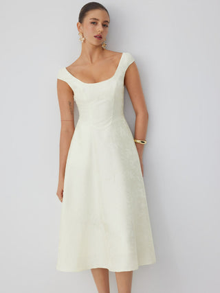 Jacquard Floral Square Neck Textured Flared Midi Dress