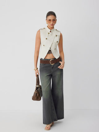 Cotton-blend Asymmetrical Metal Detail Stand Collar Jacket Vest