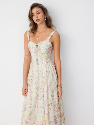 Floral Sculptural Sweetheart Neck Lace Trim Bowknot A-line Maxi Dress