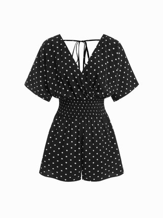 Polka Dot V-neck Cloak Sleeve Wrap Shirred Mid Rise Oversized Romper