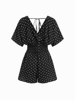 Polka Dot V-neck Cloak Sleeve Wrap Shirred Mid Rise Oversized Romper
