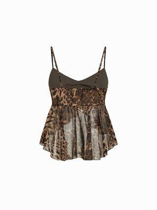 Chiffon Chiffon Draped Leopard Graphic Cami Top & Mid Rise Tiered Mini Skirt Set For Party/Clubbing Vacation