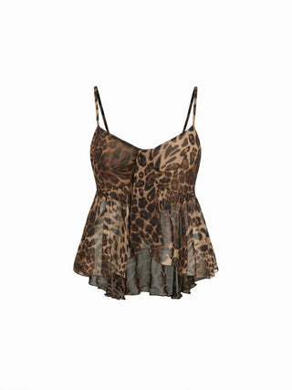 Chiffon Chiffon Draped Leopard Graphic Cami Top & Mid Rise Tiered Mini Skirt Set For Party/Clubbing Vacation