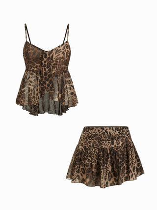 Chiffon Chiffon Draped Leopard Graphic Cami Top & Mid Rise Tiered Mini Skirt Set For Party/Clubbing Vacation