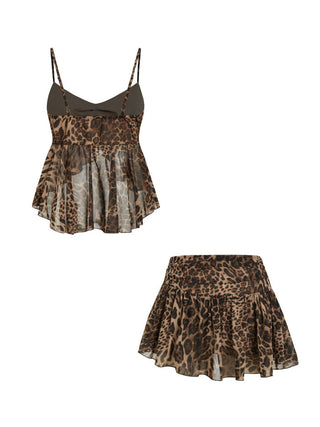 Chiffon Chiffon Draped Leopard Graphic Cami Top & Mid Rise Tiered Mini Skirt Set For Party/Clubbing Vacation