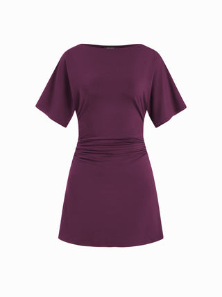 Boat Neck Short Sleeve Ruched A-line Mini Dress