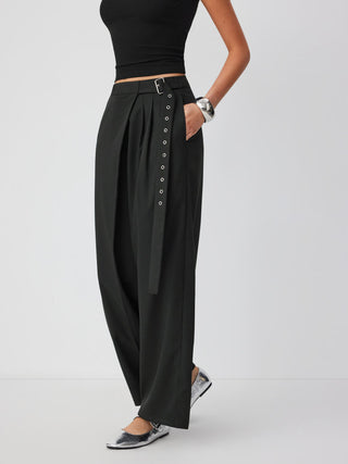 Mid Rise Wide Leg Trousers with Buckle