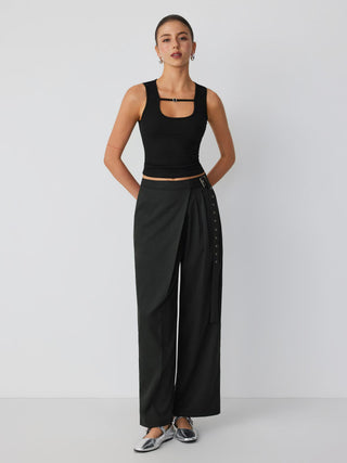 Mid Rise Wide Leg Trousers with Buckle