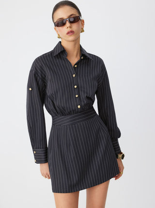 Striped Middle Sleeve Pleated Metal Detail Shirt Mini Dress