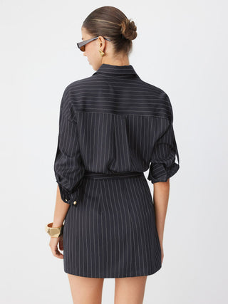 Striped Middle Sleeve Pleated Metal Detail Shirt Mini Dress
