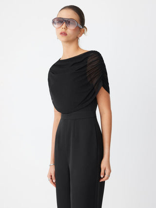 Mesh Boat Neck Ruched Mid Rise Straight Leg Jumpsuit