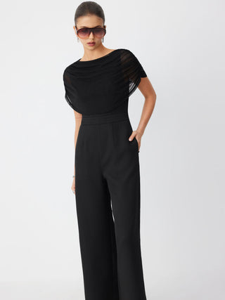 Mesh Boat Neck Ruched Mid Rise Straight Leg Jumpsuit