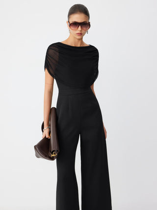 Mesh Boat Neck Ruched Mid Rise Straight Leg Jumpsuit