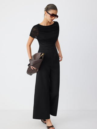 Mesh Boat Neck Ruched Mid Rise Straight Leg Jumpsuit
