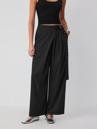 Mid Rise Wide Leg Trousers with Buckle