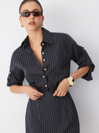 Striped Middle Sleeve Pleated Metal Detail Shirt Mini Dress