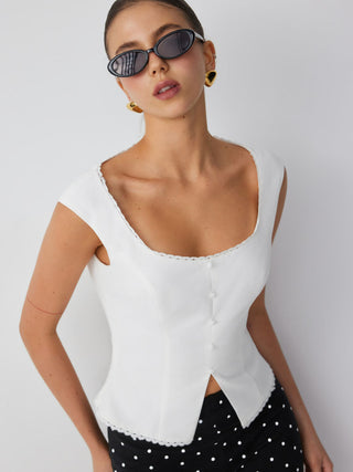 Linen-blend Scoop Neck Lace Trim Short Sleeve Blouse