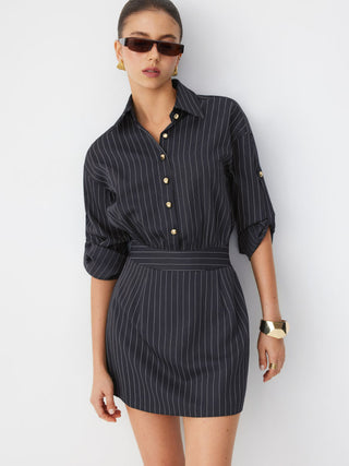 Striped Middle Sleeve Pleated Metal Detail Shirt Mini Dress