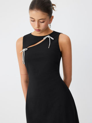 Boat Neck Cut Out Rhinestone Bowknot A-line Mini Dress