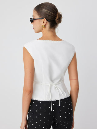 Linen-blend Scoop Neck Lace Trim Short Sleeve Blouse
