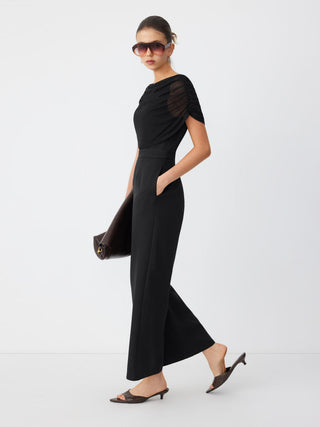 Mesh Boat Neck Ruched Mid Rise Straight Leg Jumpsuit