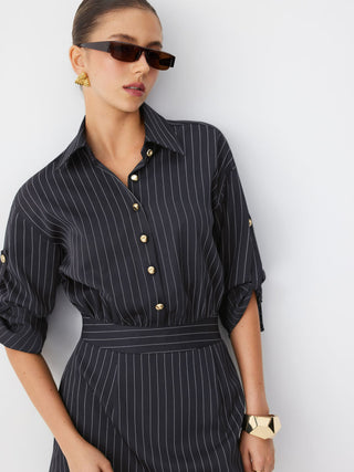 Striped Middle Sleeve Pleated Metal Detail Shirt Mini Dress