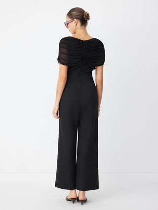 Mesh Boat Neck Ruched Mid Rise Straight Leg Jumpsuit