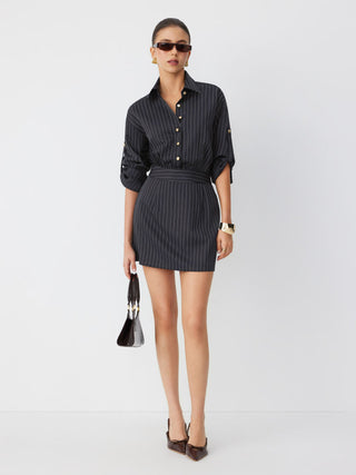 Striped Middle Sleeve Pleated Metal Detail Shirt Mini Dress