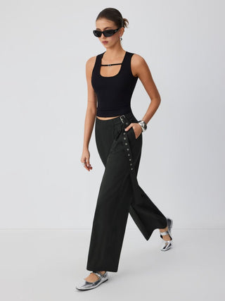 Mid Rise Wide Leg Trousers with Buckle