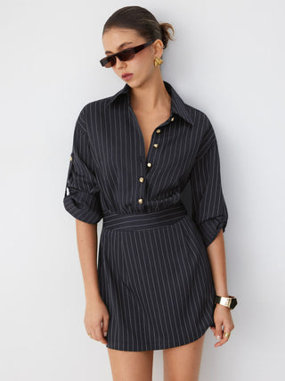 Striped Middle Sleeve Pleated Metal Detail Shirt Mini Dress